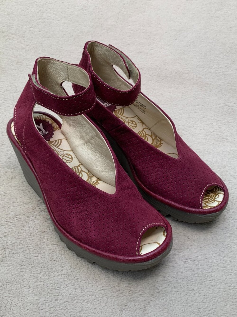 Fly London Yala Ankle Strap Suede Peep Toe Platform Wedge Sandals Sz38